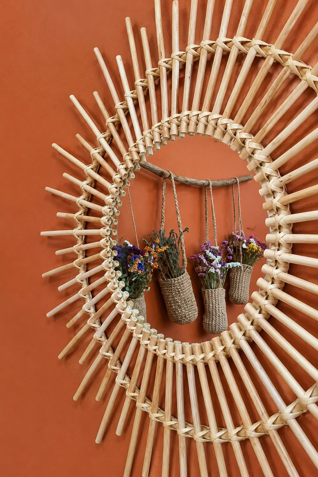 Detalhe do espelho de vime em forma de sol com pequenos cestos de flores secas suspensos.